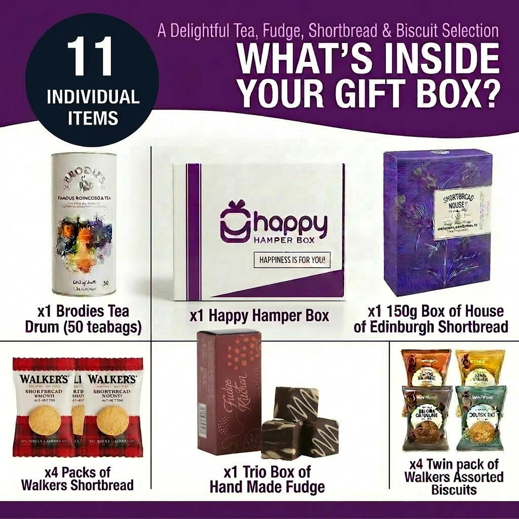 Afternoon Tea Hamper Gift Set includes Edinburgh Tea, Fudge, Shortbread, Assorted Biscuits |