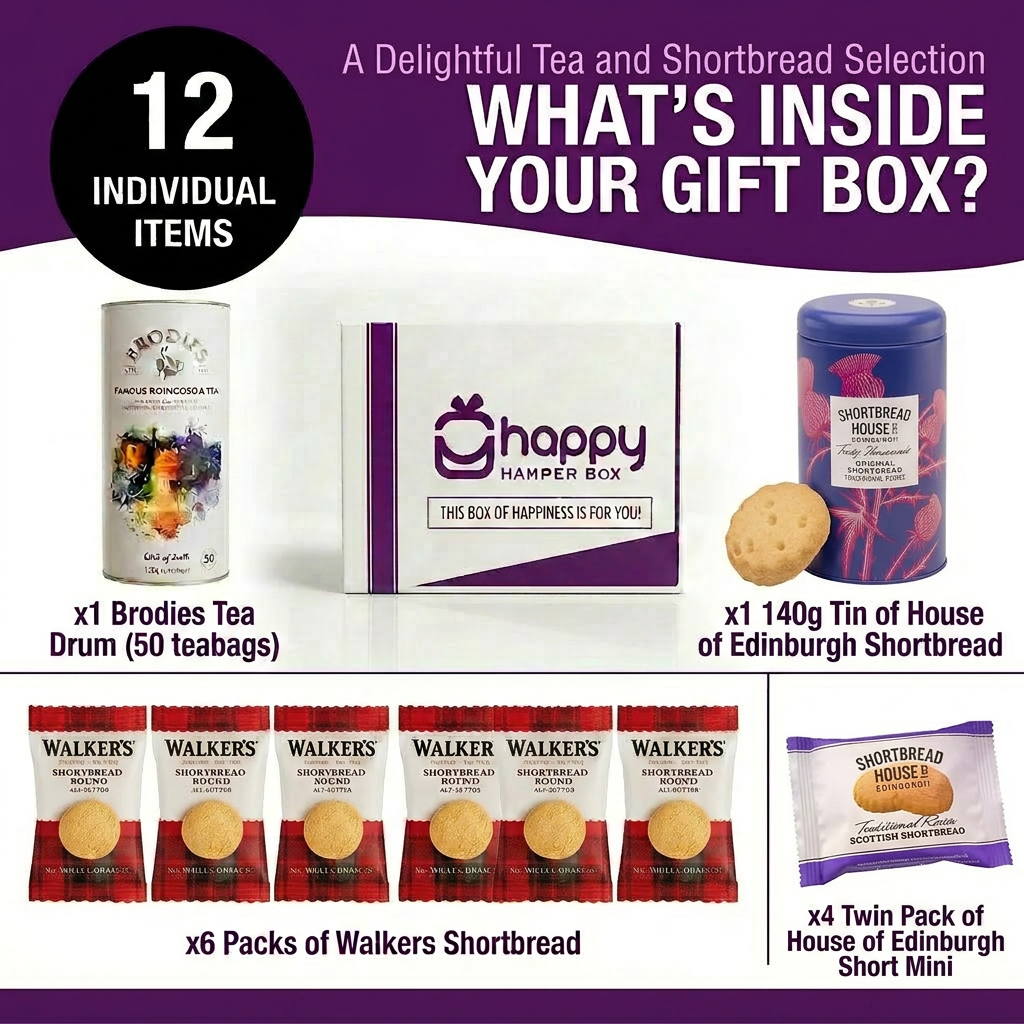 Scottish Afternoon Tea Hamper Gift Set x 12 Items; Edinburgh Tea, Shortbread Tin, 10 Shortbread Packs